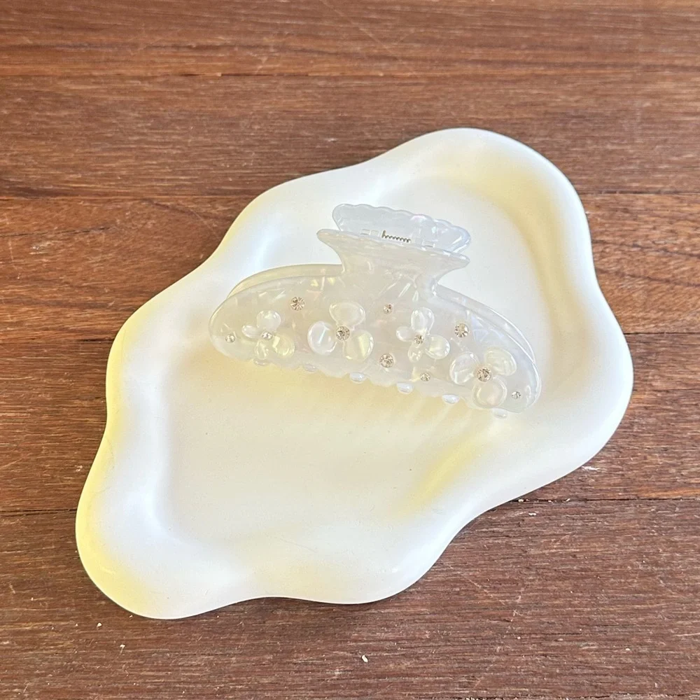 Opal White Pearl Hair Claw Clip Floral Clear Rhinestone Coquette Bridal 3.5”